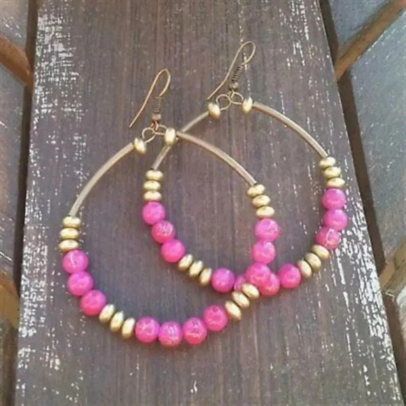 Handcrafted Big Beaded Hoop Earrings 3" Long Antiqued Brass Gold Hot Pink - Picture 1 of 1